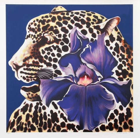 screenprint, photorealistic pop art style with a purple iris superimposed over a side profile head portrait of a spotted leopard against a royal blue background