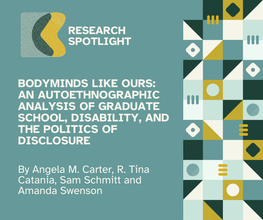 Teal flyer with white lettering that reads "Bodyminds Like Ours: An Autoethnographic Analysis of Graduate School, Disability, and the Politics of Disclosure by Angela M. Carter, R. Tina Catania, Sam Schmitt and Amanda Swenson"