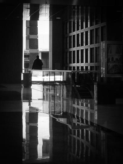 A black and white image shot in a large interior courtyard with a person with their back to us looking out a large vertical window. The highly reflective floor shows the surrounding features and a small glass windowed partition is shown on the right. This is a very high contrast image with most of the picture in pure black.