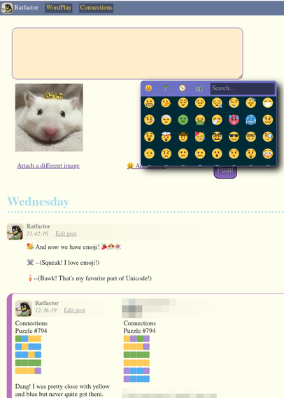 Screenshot of Ratfactor's Famsite social media for friends and family. Screenshot shows an image thumbnail for uploading, an emoji picker, a normal comment, and grouped comments with daily word game results.