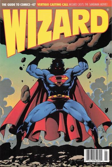 an illustration, the lettering 'wizard' at the top in bright yellow, a bar code at the bottom left, the image is of superman lifting a boulder with his face obscured with shadows , his eyes glowing red, dust and smoke behind him