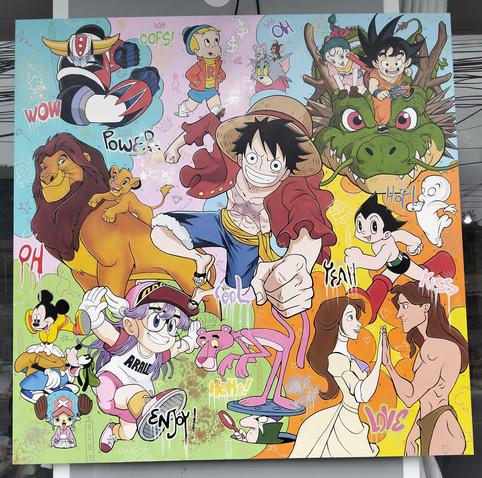 a painting, it is an assortment of characters with words scrawled in spots between them, asto-boy, tarzan and jane, mickey mouse, mazinger, lion king and simba, dragonball, one piece, pink panther, casper and others