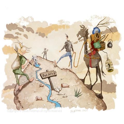“Two Peddlers & their Dog Spot Entering the Environmentally Sensitive and Economically Stressed Riparian Redevelopment Zone without Paying the Requisite Fees Forcing the Law to Assess Fines, Penalties, Surcharges and Throw their no Good Vagrant Asses in Jail”  is a watercolor painting of of two travelers being confronted by a lawman as they ascend a barren hill strewn with discarded refuse.