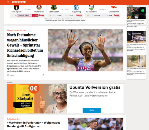 Screenshot von spiegel.de, aufgenommen am 14.08.2025. Im oberen Teil sieht man die typische Elemente der Spiegel Online Seite, Werbeeinblendungen, einen Artikel, dann eine Anzeige, darunter wieder eine Artikel. Die Anzeige ist offenkundig in der Sektion "Sport" positioniert.
