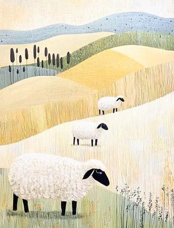 Modern Art of Three Sheep different sizes each a distance away from each other