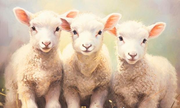 Painting of Three little sweet white lambs