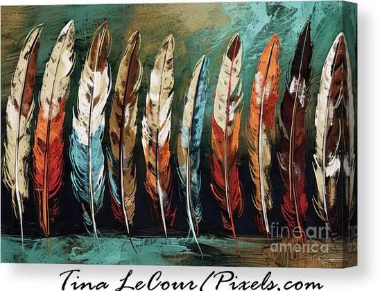 This is a canvas of some colorful painted eagle feathers done in shades of orange, brown and teal agaisnt a teal background.