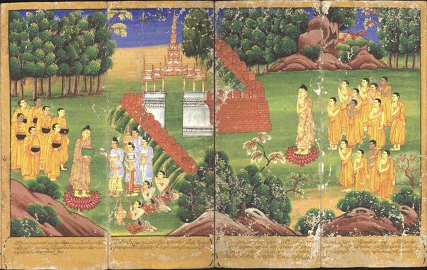 a painting, it is wide horizontally, it is of monks being presented with alms by townspeople, and then another group with the buddha at the front praying, trees and shrubs and flowers around and a temple in the background