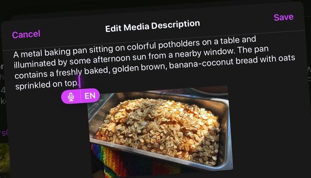 A screenshot of a Fedi post with a picture and an “Edit Media Description” dialogue box showing an example of how to use the keyboard dictation feature to help write alt-text for photos.