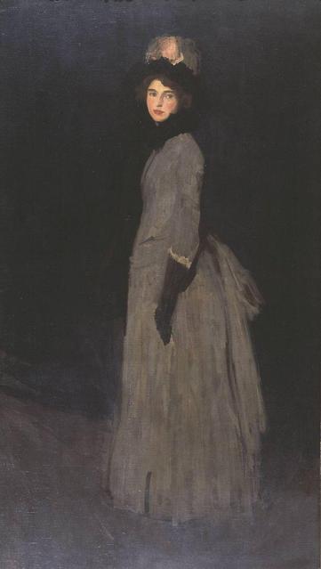 a painting of a woman in a long grey and black dress with gloves on, she is turned to the side, against a dark background, wearing a hat