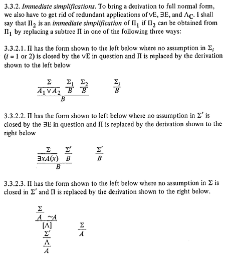 A section of a page from a logic paper, introducing the notion of 'immediate simplifications', where natural deduction proofs can be simplified in certain cases of use of the disjunction elimination, existential elimination, and bottom elimination rules.