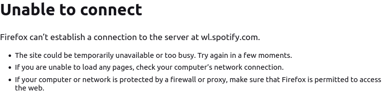 A screenshot of saying 'unable to connect' when trying to access wt.spotify.com