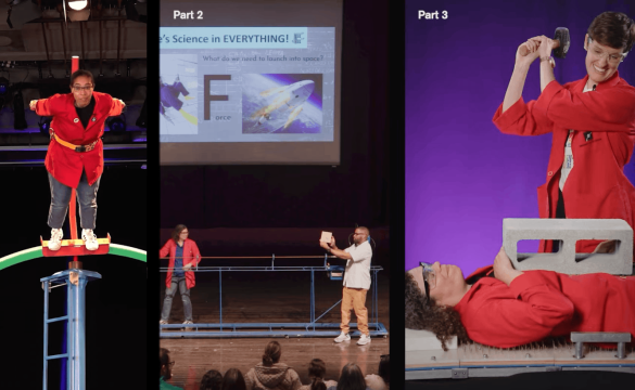 Three-panel image showing Museum of Science Boston physics demonstrations: educator in red on spinning platform (left), two presenters with "Science in EVERYTHING!" screen showing force equation (center), and educator lying on bed of nails while colleague holds hammer (right).