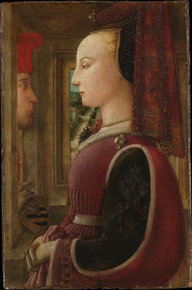 From the museum: “In Italian painting, this is the earliest surviving double portrait, the first to show sitters in a domestic setting, and the first with a view onto a landscape. The woman is dressed in French-inspired attire and her sleeve is embroidered with letters spelling "lealta" (faithful), a clue that the man appearing in the window is possibly her betrothed. He holds the Scolari family’s coat of arms, evidence that the two figures may be Lorenzo di Ranieri Scolari and Angiola di Bernardo Sapiti, who married around 1436.”