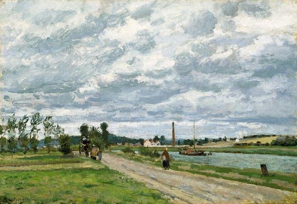 a painting of a meadowy landscape, there is a river running through, silver-grey-blue clouds rolling above, a few small figures walking on the road, some small trees and green grasses