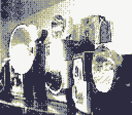 low resolution, pixelated photo: a collection of vintage cameras, with large flash attachments