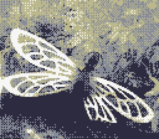 low resolution, pixelated photo: a dragonfly-shaped sculptural bench.