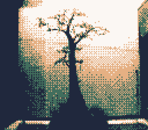 low resolution, pixelated photo: a lone bonsai tree, standing surprisingly straight and tall.