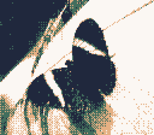 low resolution, pixelated photo: a butterfly resting on someone's shoulder.