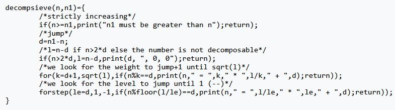 Algorithm of the decomposition into weight × level + jump in PARI/GP