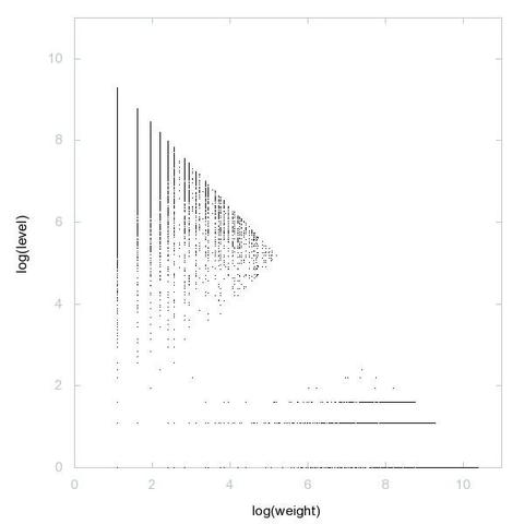 Decomposition into weight × level + jump of cyclic numbers in 2D (log(weight), log(level))