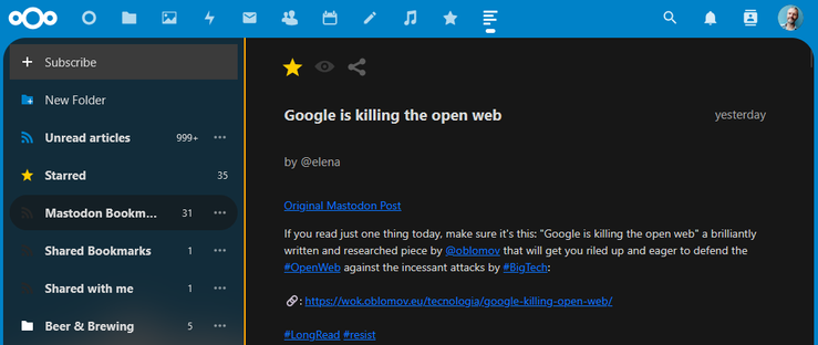 A screenshot of the Nextcloud News app feed showing a bookmarked mastodon post: Google is killing the openweb.