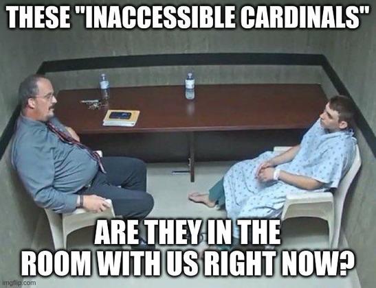 Two men in an interrogation room captioned: These "inaccessible cardinals" are they in the room with us right now?