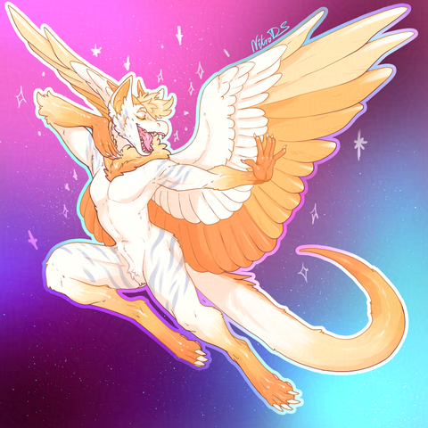 a cute creamy golden fluffy dragon flying with glee and extravagance