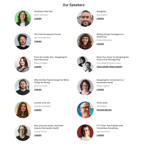 Screenshot of a list of twelve speakers. All but one (yours truly) has a LinkedIn link. My link reads “Personal web site”.