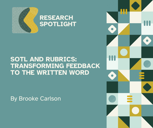 Teal flyer with white lettering that reads "SoTL and Rubrics: Transforming Feedback to the Written Word by Brooke Carlson"