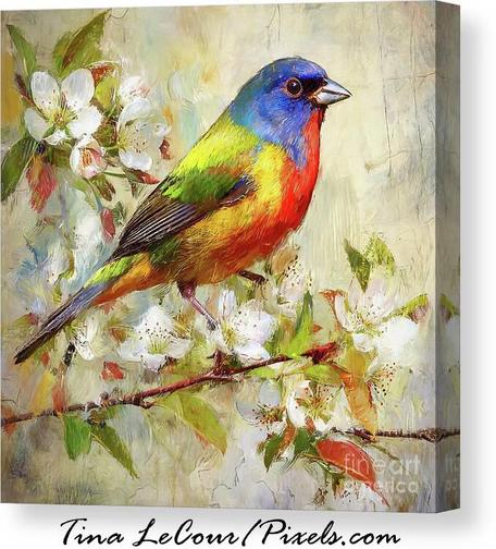 This is a canvas of a beautiful painted bunting bird perches on some white blossom flowers with a very textured background.