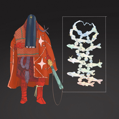 On the left: a person wearing extravagant red robes with tribal designs, holding a flat baton with a hooded mask on his head. On the right: a rare ancient necklace made up of opal fish and mini pendants in between.