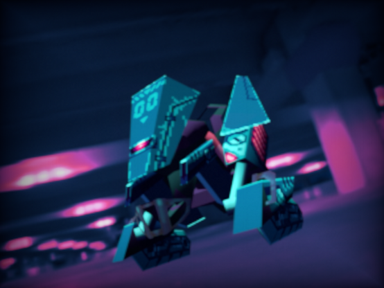 tank-like mech in an out-of-focus parking lot environment