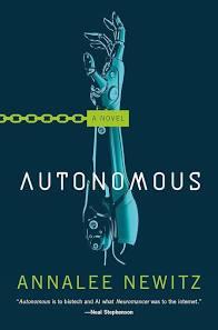 The cover of the book Autonomous by Annalee Newitz. A quote attributed to Neal Stephenson also appears on the cover reading "autonomous is to biotech and AI what neuromancer was to the Internet"

The cover depicts a human-like cyborg arm, separated from the body and dangling from a very abstract shackle, the wrist section of the shackle is simply a rectangle with the text "a novel" in it, the chain is depicted through a minimal silhouette, and the full chain and shackle is colored a flat cyber-green indicating that it's not a physical restraint but a digital one