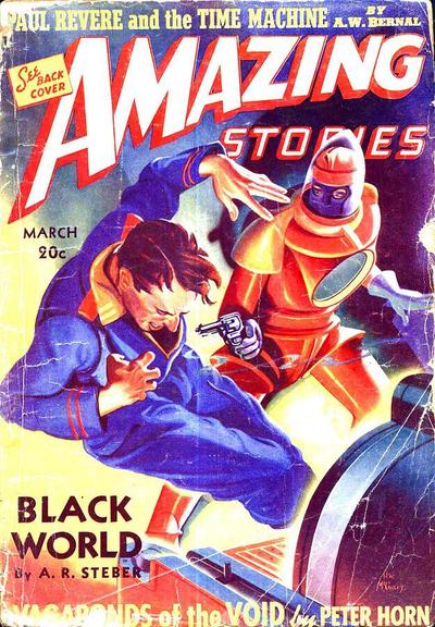 A man with an anguished look is flying toward the viewer; behind him a figure in a space suit, or possibly an android, points a revolver at him, the whole scene lit from below in bright yellow light.
Amazing Stories magazine cover from 1940.
