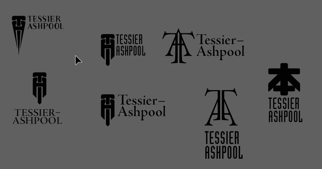 The line artwork as logo in a bunch of variants with various typefaces next to it spelling out Tessier-Ashpool