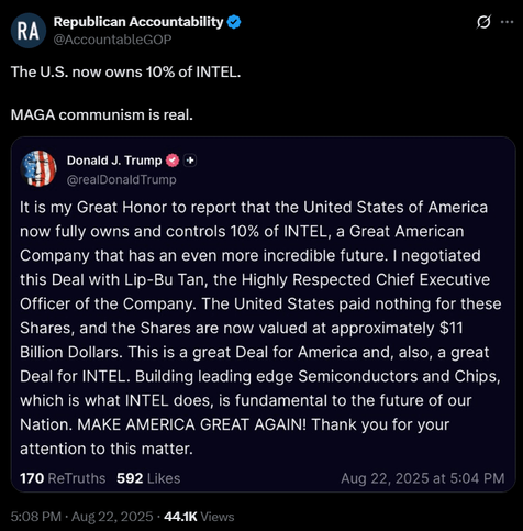Trump 100% thinks her personally owns 10% of INTEL.