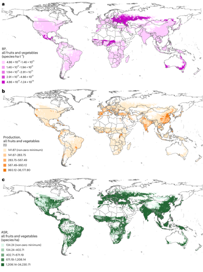 Biodiversity pressure from fruit and vegetable consumption in the United Kingdom, India and South Africa varies by product and growing location