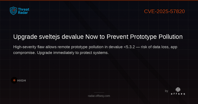 High threat: CVE-2025-57820: CWE-1321: Improperly Controlled Modification of Object Prototype Attributes ('Protot