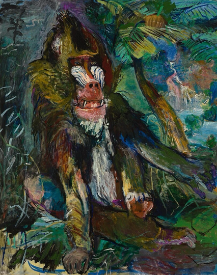 Expressionistic painting of the Mandrill at the London Zoo, sitting and baring teeth (looking rather like a grin) in an imagined tropical landscape