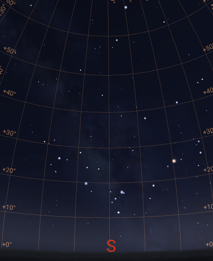 screenshot from the free planetarium app Stellarium showing the sky looking South after dark