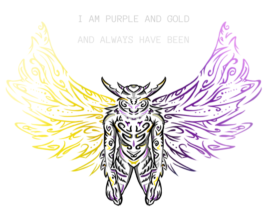 Drawing in style similar to tribal tattoos, made of thick lines, curves and spiral patterns. Person in knight armor, similar in shape to beetle carapace, with horns on helmet, is kneeling, seemingly bending. They have two big membrane wings, right wing is golden, left is purple, both darker in central part and pale on edges. Above person's head is pale gray text "I am purple and gold, and always have been".