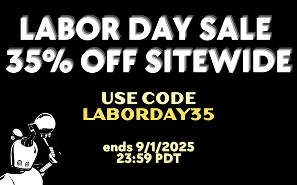 Black background promotional banner. Large white bold text at the top reads: “LABOR DAY SALE 35% OFF SITEWIDE.” Below, smaller yellow text reads: “USE CODE LABORDAY35.” Further down in white text: “ends 9/1/2025 23:59 PDT.” In the bottom left corner, there is the classic No Starch Press coffee robot.