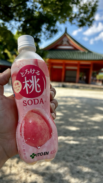 A bottle of pink peach Soda in the Front in my Hand and Part of Heian Shrine im Kyoto