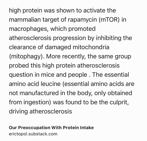Text Shot: high protein was shown to activate the mammalian target of rapamycin (mTOR) in macrophages, which promoted atherosclerosis progression by inhibiting the clearance of damaged mitochondria (mitophagy). More recently, the same group probed this high protein atherosclerosis question in mice and people . The essential amino acid leucine (essential amino acids are not manufactured in the body, only obtained from ingestion) was found to be the culprit, driving atherosclerosis