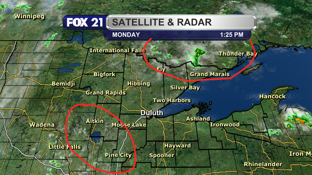 The satellite and radar over the Northland at 1:25 p.m. on September 1, 2025, shows mostly clear skies with daytime heating cumulus clouds forming.  The northern area of the Arrowhead and the I-35 corridor, circled above, have been or could see isolated showers and a possible thunderstorm form and push through the rest of the day.