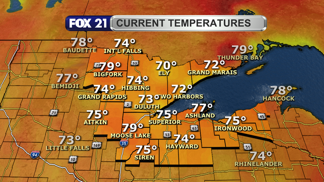 Temperatures in the Northland just after 1 p.m. on September 1, 2025, range from 70 to 79 degrees Fahrenheit.
