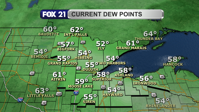 Dew point readings in the Northland just after 1 p.m. on September 1, 2025, range from 52 to 62 degrees Fahrenheit.