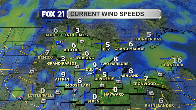 Wind speeds in the Northland just after 1 p.m. on September 1, 2025, range from calm to 9 mph.  Wind direction is primarily from the south and southwest.