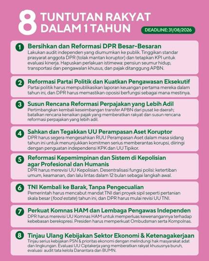 8 People's Demands in A Year (Deadline: August 31 2026):

1. Clean Up & Massively Reform the House of Representatives;
2. Political Party Reform and Strengthen Executive Oversight;
3. Develop a Fairer Tax Reform Plan;
4. Pass and Enforce the Corruption Asset Confiscation Law;
5. Reform the Police Leadership & System to Ensure Professionalism & Humanity;
6. Military Returns to Barracks, No Exceptions;
7. Strengthen the National Commission on Human Rights & Independent Oversight Bodies;
8. Review Economic and Employment Sector Policies;